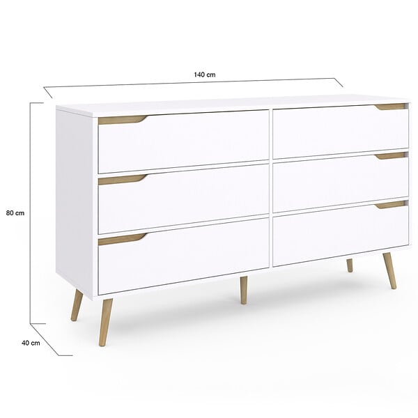 ID MARKET - Commode 6 tiroirs HELSINKI XXL 140 cm scandinave blanc - large