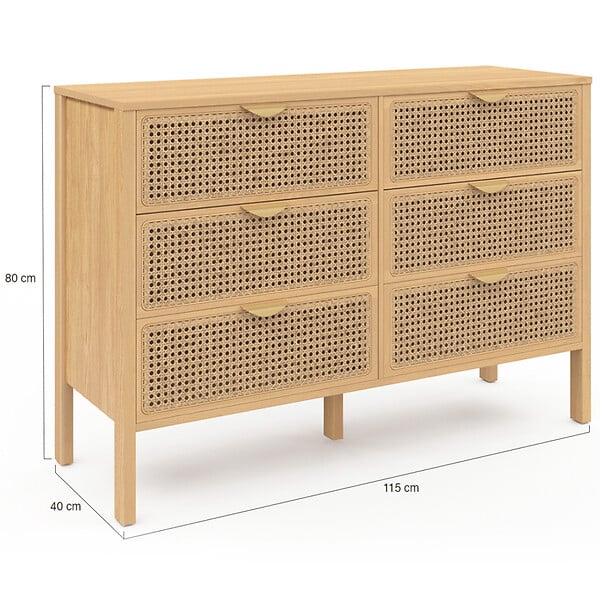 ID MARKET - Commode 6 tiroirs EDHEN 115 cm bois et cannage - large