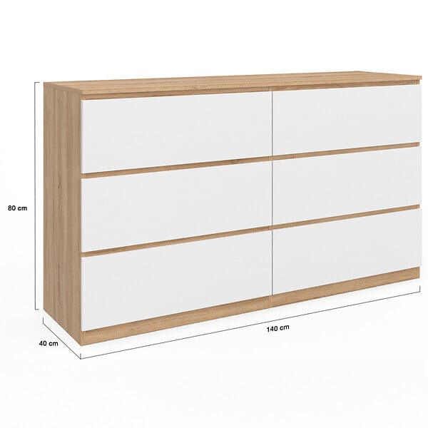 ID MARKET - Commode 6 tiroirs TOMI XXL 140 cm bois façon hêtre et blanc - large