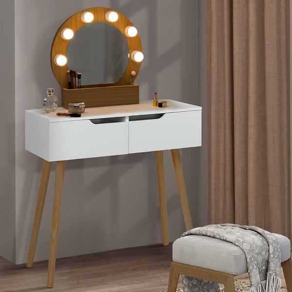 ID MARKET - Coiffeuse scandinave 2 tiroirs HORIA bois et blanc avec miroir LED - large