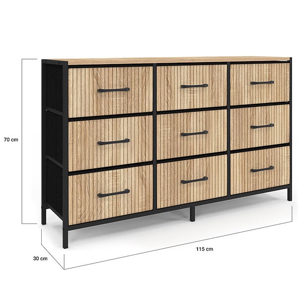 ID MARKET - Commode 9 tiroirs en tissu UTAH 115 CM effet lattes meuble de rangement design industriel - large