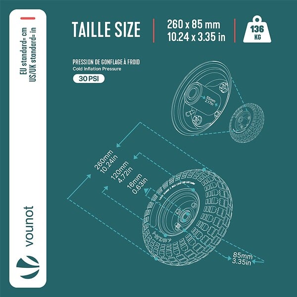 VOUNOT - Roue gonflable robuste 3.5-4 pour chariot brouette alesage 16mm 260x85mm metal - large