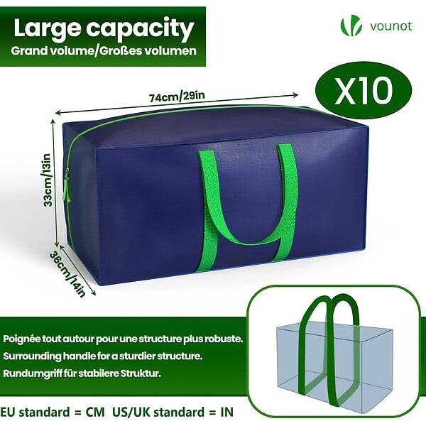 VOUNOT - Lot de 10 sacs de demenagement grand format avec sangles et poignee bleu - large