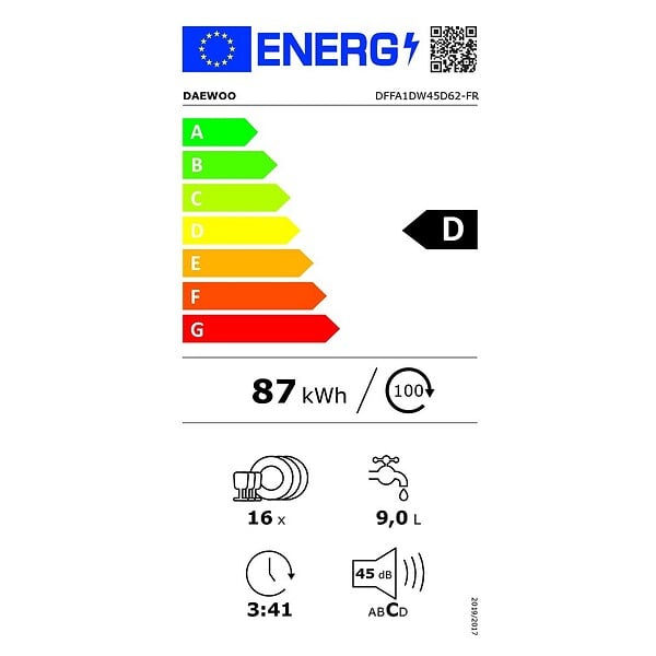 DAEWOO - lave-vaisselle 60cm 16 couverts 45db blanc - DFFA1DW45D62 - large