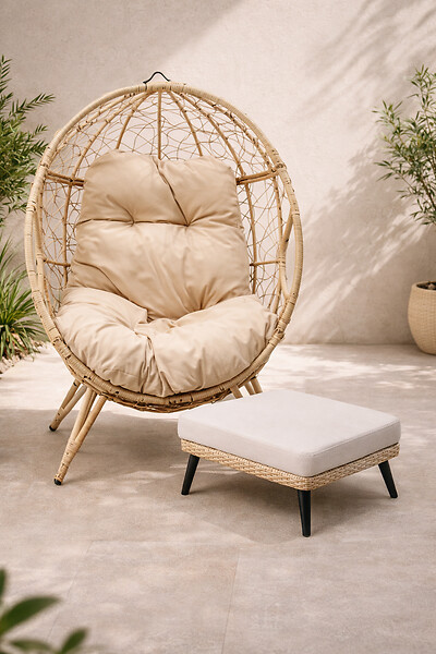 CONCEPT USINE - Ensemble d'extérieur : fauteuil suspendu effet rotin et repose-pieds avec coussin beige JANE - large