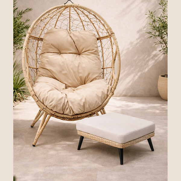 CONCEPT USINE - Ensemble d'extérieur : fauteuil suspendu effet rotin et repose-pieds avec coussin beige JANE - large
