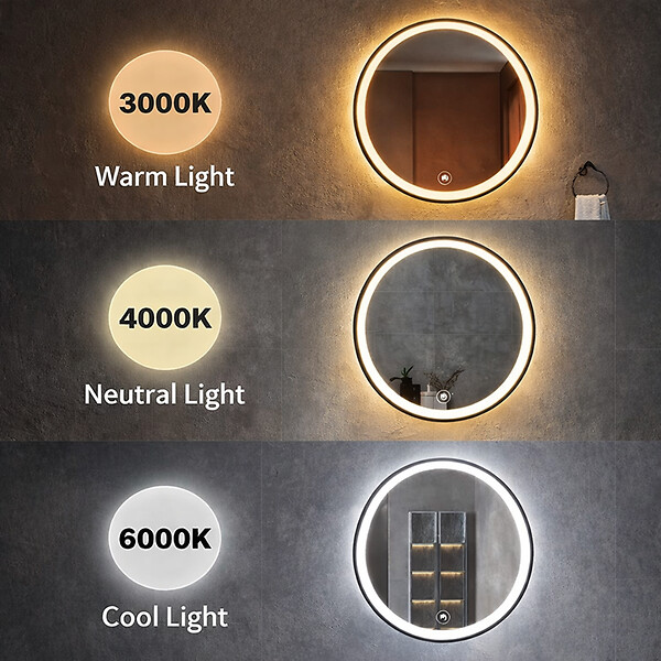 OTITEC - Miroir LED rond - 60 x 60 cm - Double éclairage LED façade et arrière - Noir - CÉLINA - large