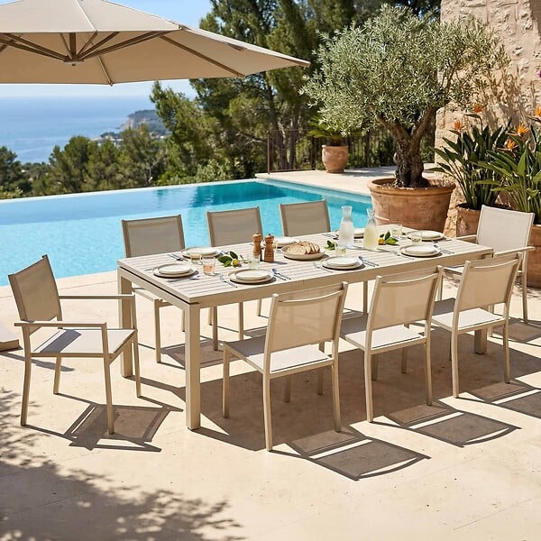 OVIALA - Ensemble table de jardin extensible et 8 assises en aluminium crème - Galilée - large