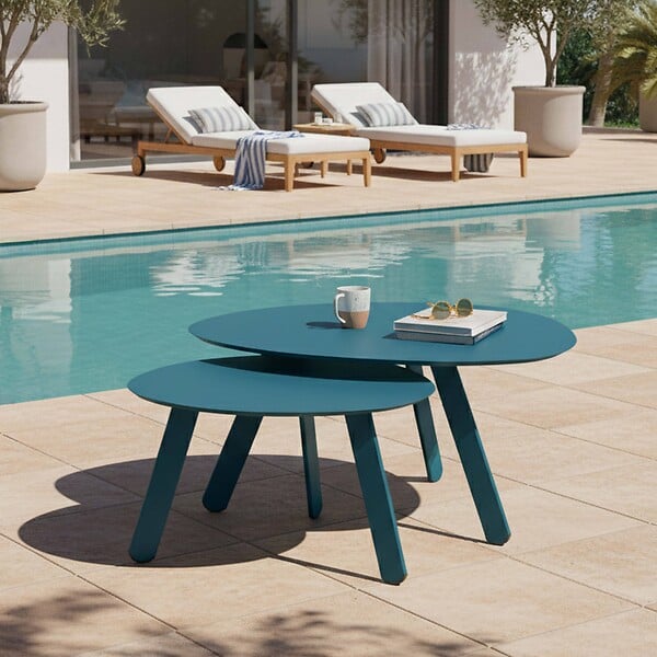 OVIALA - Lot de 2 tables basses gigognes de jardin bleu pacific - Bergame - large