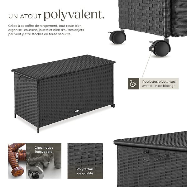 TECTAKE - Boîte de rangement Kuusamo, en rotin, avec structure en aluminium et roulettes noir - large