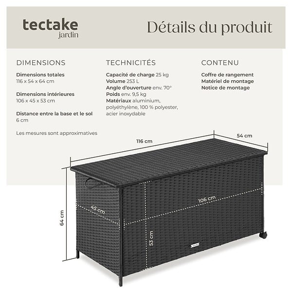 TECTAKE - Boîte de rangement Kuusamo, en rotin, avec structure en aluminium et roulettes noir - large