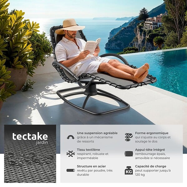 TECTAKE - Chaise longue jardin ergonomique fonction balancement gris en textilène respirant coussin tête amovible accoudoirs rembourrés 120kg - large