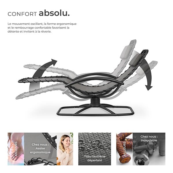 TECTAKE - Chaise longue jardin ergonomique fonction balancement gris en textilène respirant coussin tête amovible accoudoirs rembourrés 120kg - large