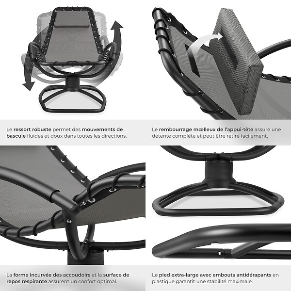 TECTAKE - Chaise longue jardin ergonomique fonction balancement gris en textilène respirant coussin tête amovible accoudoirs rembourrés 120kg - large