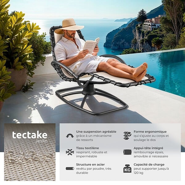 TECTAKE - Chaise longue jardin ergonomique basculante beige en textilène coussin amovible accoudoirs rembourrés acier 77x170x83cm 120kg - large