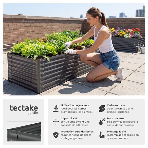 TECTAKE - Bac à fleurs surélevé anthracite en acier galvanisé 200x100x62cm 1200L jardinière potager ergonomique drainage ouvert culture légumes - large