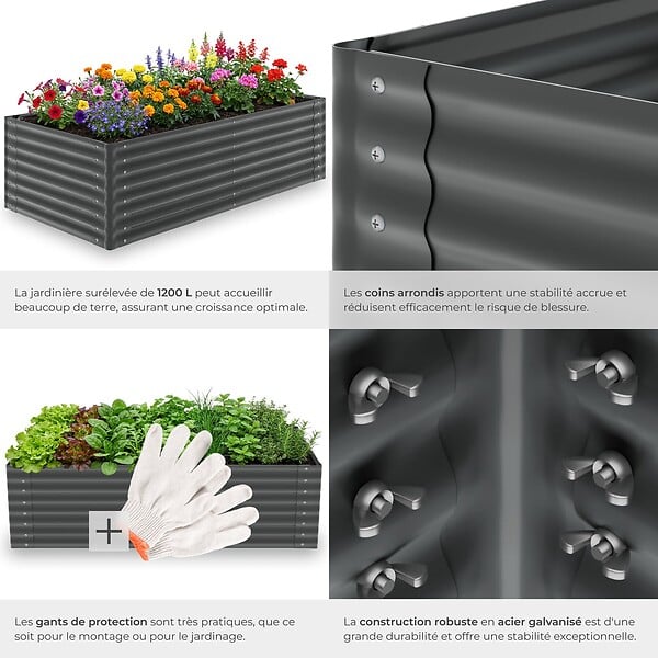 TECTAKE - Bac à fleurs surélevé anthracite en acier galvanisé 200x100x62cm 1200L jardinière potager ergonomique drainage ouvert culture légumes - large
