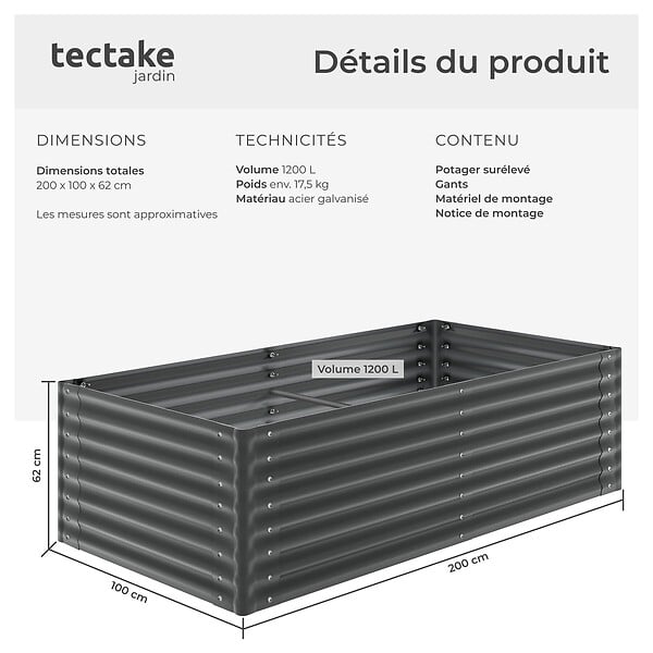 TECTAKE - Bac à fleurs surélevé anthracite en acier galvanisé 200x100x62cm 1200L jardinière potager ergonomique drainage ouvert culture légumes - large