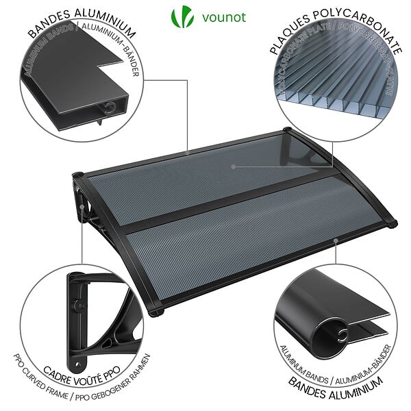 VOUNOT - Auvent de porte marquise 120x80 cm en Polycarbonate anti UV Anthracite - large