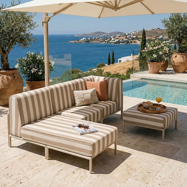 OVIALA - Salon de jardin bas modulable rayé 4 places beige - Patio - large