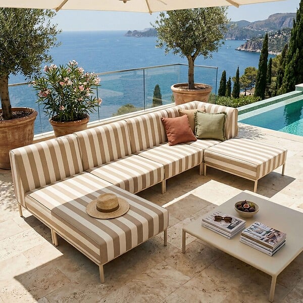 OVIALA - Salon de jardin bas modulable rayé 5 places beige - Patio - large