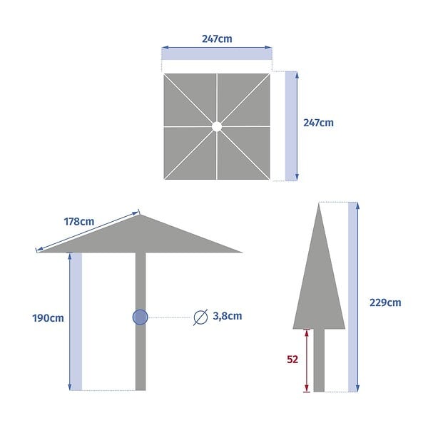 HESPERIDE - Parasol droit carré inclinable Soya 2,5x2,5m acajou - large