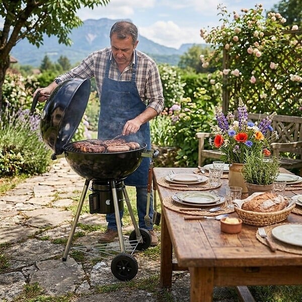 INTEC - Barbecue à Charbon de Bois sur Trépied Ø57cm Grille Cuisson & Couvercle Thermostat Bac à cendres Barbecue rond 2 roues INTEC - large