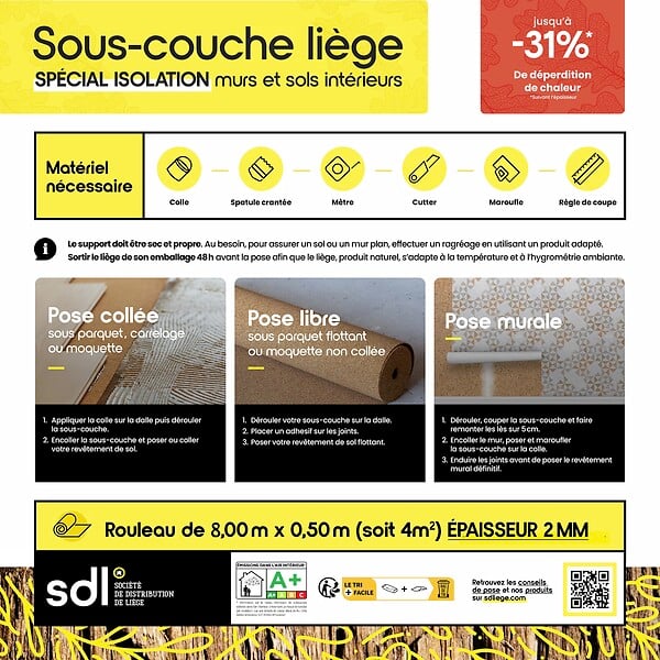 Liège aggloméré naturel - Rouleau L.8xl.0,5m - Ep.2mm - large