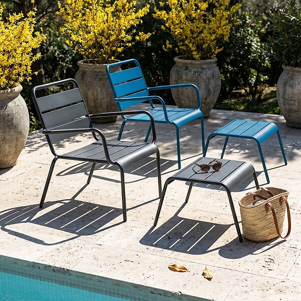 OVIALA - Lot 2 fauteuils relax avec repose-pieds métal gris et bleu pacific - Palavas - large