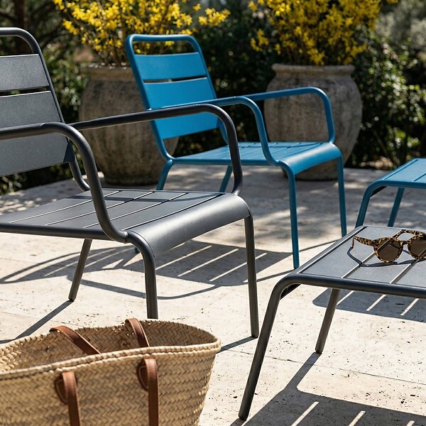 OVIALA - Lot 2 fauteuils relax avec repose-pieds métal gris et bleu pacific - Palavas - large