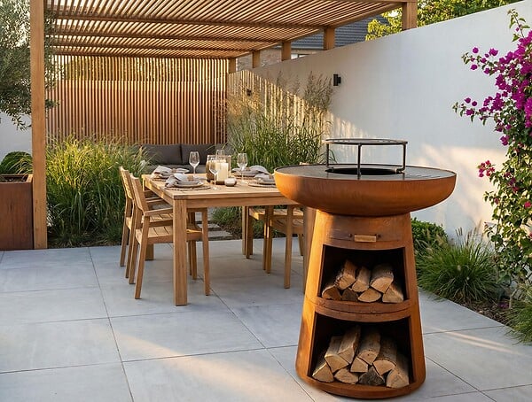 PURLINE - Barbecue rond avec plaque d'acier ronde et grille - large