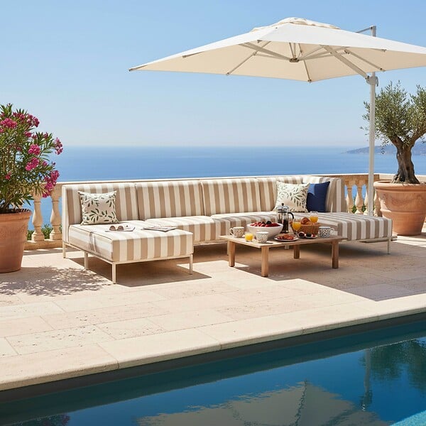OVIALA - Salon de jardin bas modulable rayé 5 places beige - Patio - large