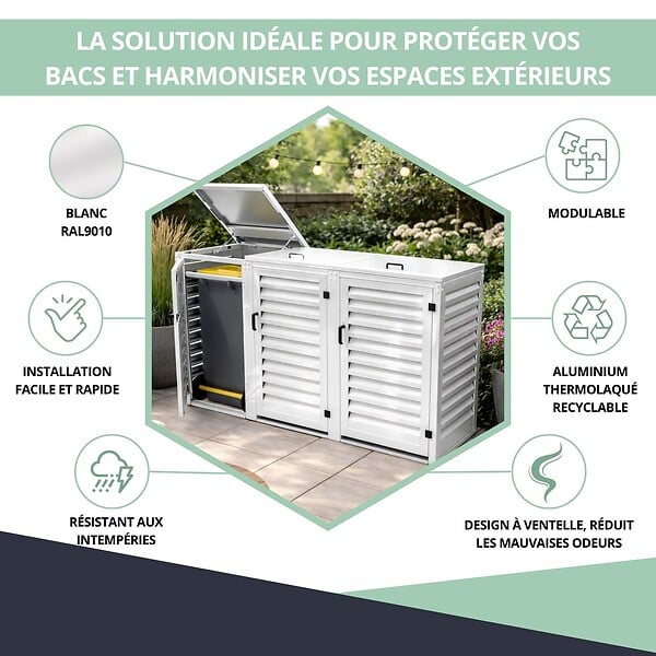 ATOLE - Abri poubelle - Cache poubelle Triple en Aluminium thermolaqué 3x120 Litres - Blanc - large