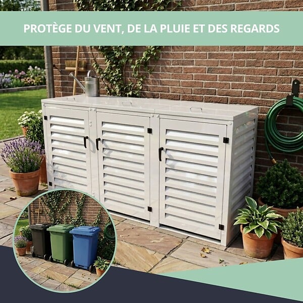 ATOLE - Abri poubelle - Cache poubelle Triple en Aluminium thermolaqué 3x120 Litres - Blanc - large