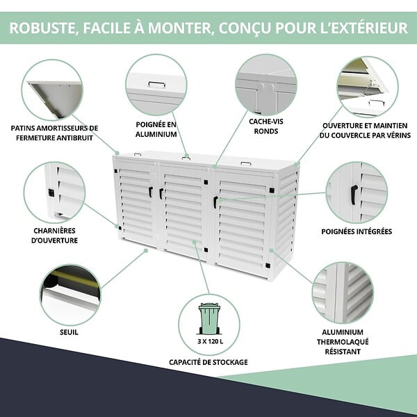 ATOLE - Abri poubelle - Cache poubelle Triple en Aluminium thermolaqué 3x120 Litres - Blanc - large