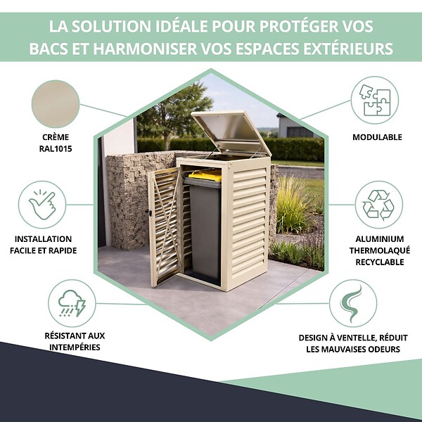 ATOLE - Abri poubelle - Cache poubelle Simple en Aluminium thermolaqué 1x360 Litres - Crème - large