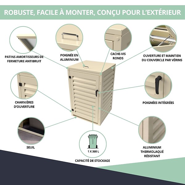 ATOLE - Abri poubelle - Cache poubelle Simple en Aluminium thermolaqué 1x360 Litres - Crème - large