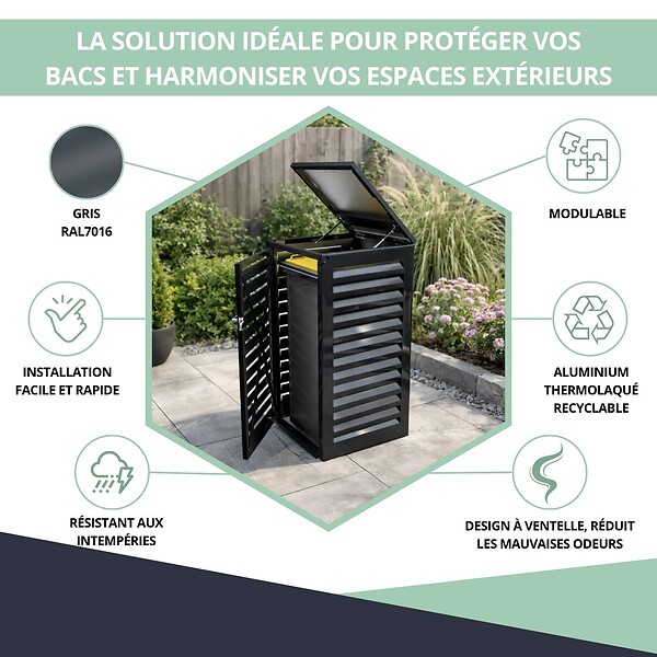 ATOLE - Abri poubelle - Cache poubelle Simple en Aluminium thermolaqué 1x120 Litres - Gris anthracite - large