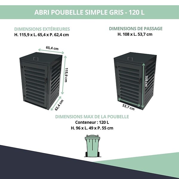 ATOLE - Abri poubelle - Cache poubelle Simple en Aluminium thermolaqué 1x120 Litres - Gris anthracite - large
