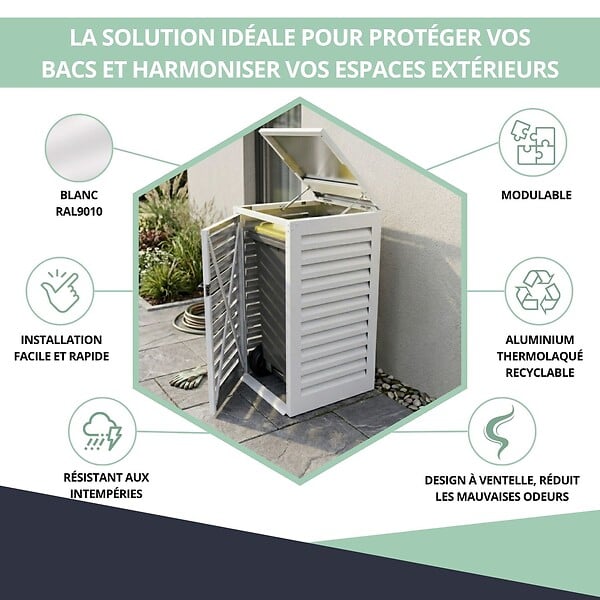 ATOLE - Abri poubelle - Cache poubelle Simple en Aluminium thermolaqué 1x360 Litres - Blanc - large