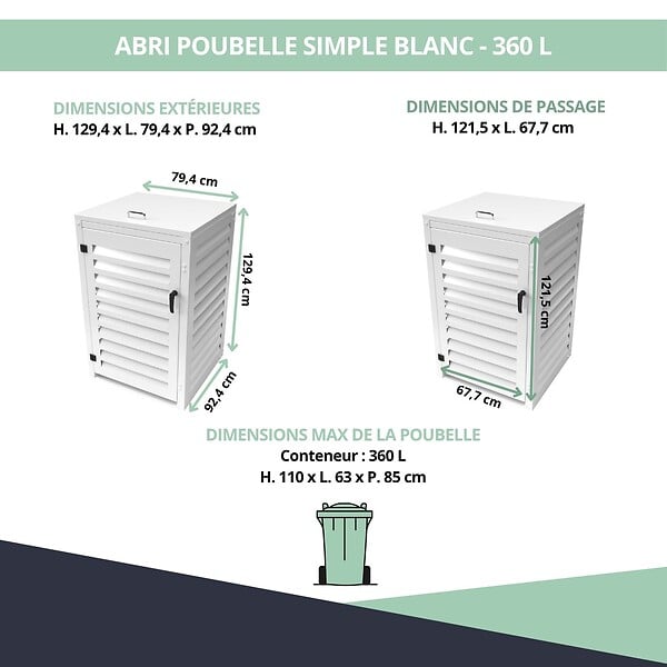 ATOLE - Abri poubelle - Cache poubelle Simple en Aluminium thermolaqué 1x360 Litres - Blanc - large