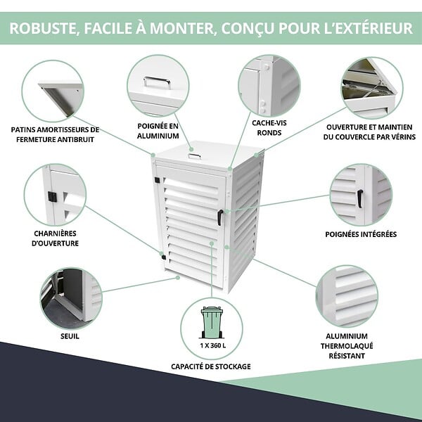 ATOLE - Abri poubelle - Cache poubelle Simple en Aluminium thermolaqué 1x360 Litres - Blanc - large