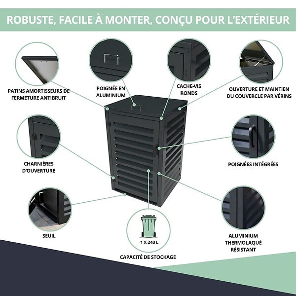 ATOLE - Abri poubelle - Cache poubelle Simple en Aluminium thermolaqué 1x240 Litres - Gris anthracite - large