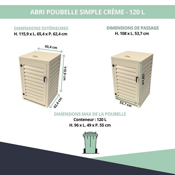 ATOLE - Abri poubelle - Cache poubelle Simple en Aluminium thermolaqué 1x120 Litres - Crème - large