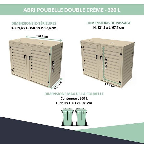ATOLE - Abri poubelle - Cache poubelle Double en Aluminium thermolaqué 2x360 Litres - Crème - large