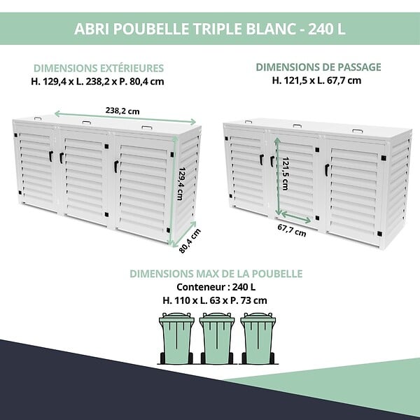ATOLE - Abri poubelle - Cache poubelle Triple en Aluminium thermolaqué 3x240 Litres - Blanc - large