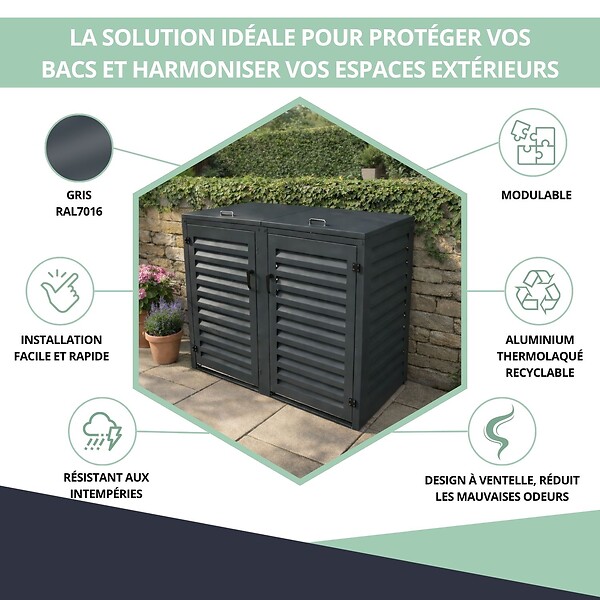 ATOLE - Abri poubelle - Cache poubelle Double en Aluminium thermolaqué 2x120 Litres - Gris anthracite - large
