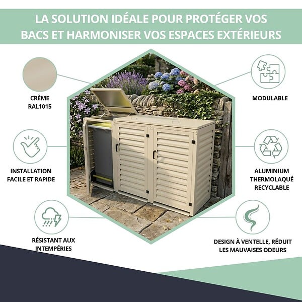ATOLE - Abri poubelle - Cache poubelle Triple en Aluminium thermolaqué 3x240 Litres - Crème - large
