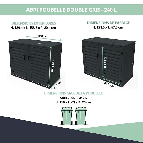 ATOLE - Abri poubelle - Cache poubelle Double en Aluminium thermolaqué 2x240 Litres - Gris anthracite - large