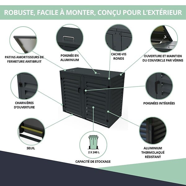 ATOLE - Abri poubelle - Cache poubelle Double en Aluminium thermolaqué 2x240 Litres - Gris anthracite - large